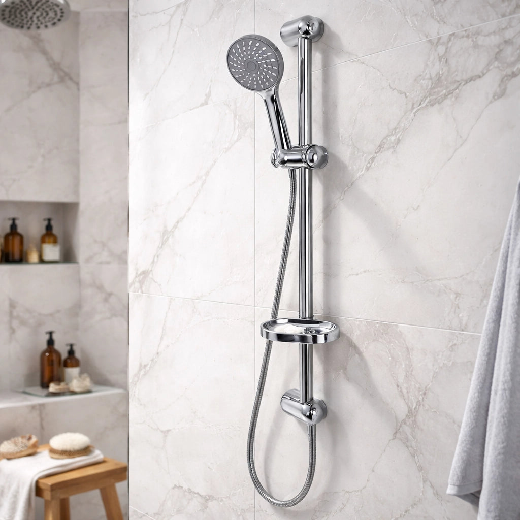 Saliscendi Doccia Cromato 60 cm con Soffione Multigetto e Portasapone 69133