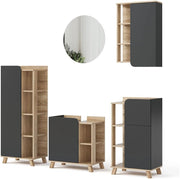 Set di mobili da bagno Karen, Sonoma/antracite, 60 cm, composto da mobile sottolavabo, specchiera, colonna, base media e pensile