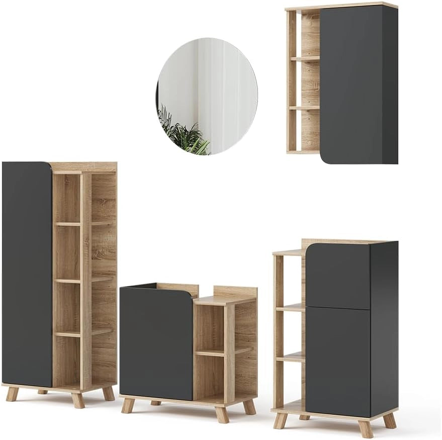 Set di mobili da bagno Karen, Sonoma/antracite, 60 cm, composto da mobile sottolavabo, specchiera, colonna, base media e pensile