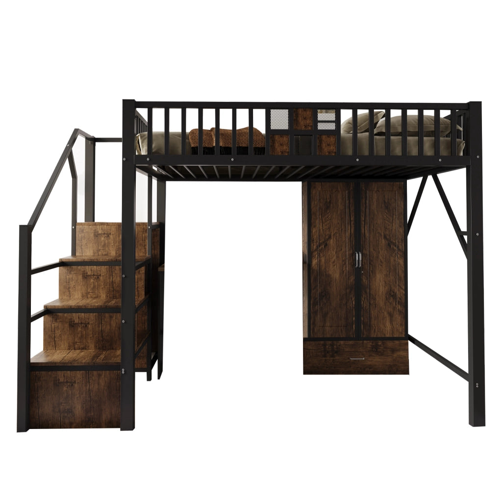 Letto a castello nero in metallo e legno con funzione contenitiva 140x200 cm