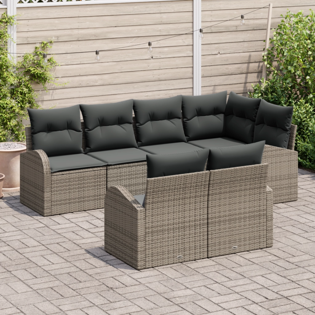 Set divano da giardino a 7 pezzi con cuscini Grigio Rattan Poliestere