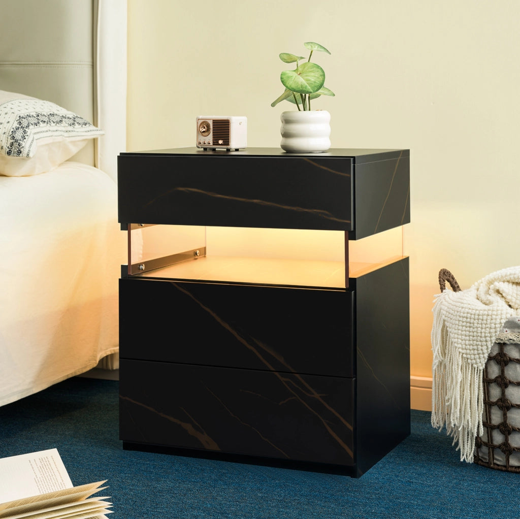 Comodino LED con 3 cassetti, pannello acrilico, nero e oro