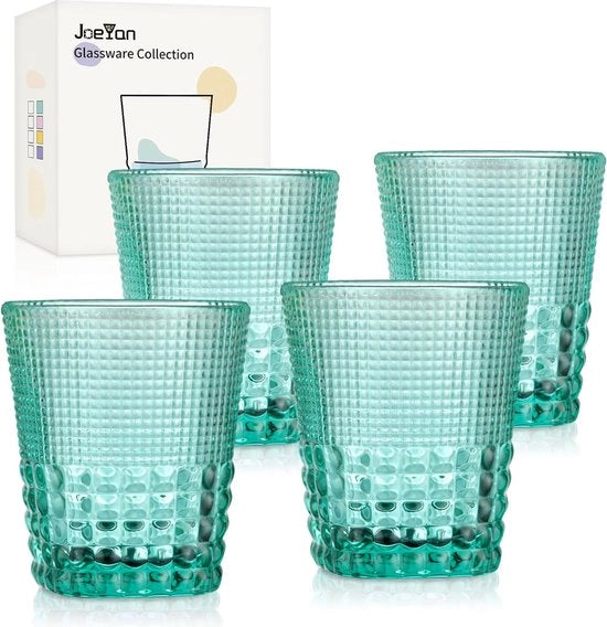Set di 4 bicchieri in vetro verde 300 ml con texture a rilievo, per bevande, cocktail, tè, caffè, bicchieri da cocktail, lavabili in lavastoviglie