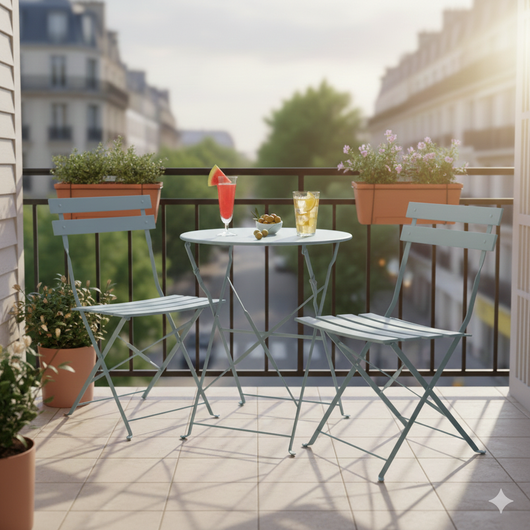 Set Bistrò Pieghevole Parigi da Esterno Tavolo e 2 Sedie in Acciaio Azzurro