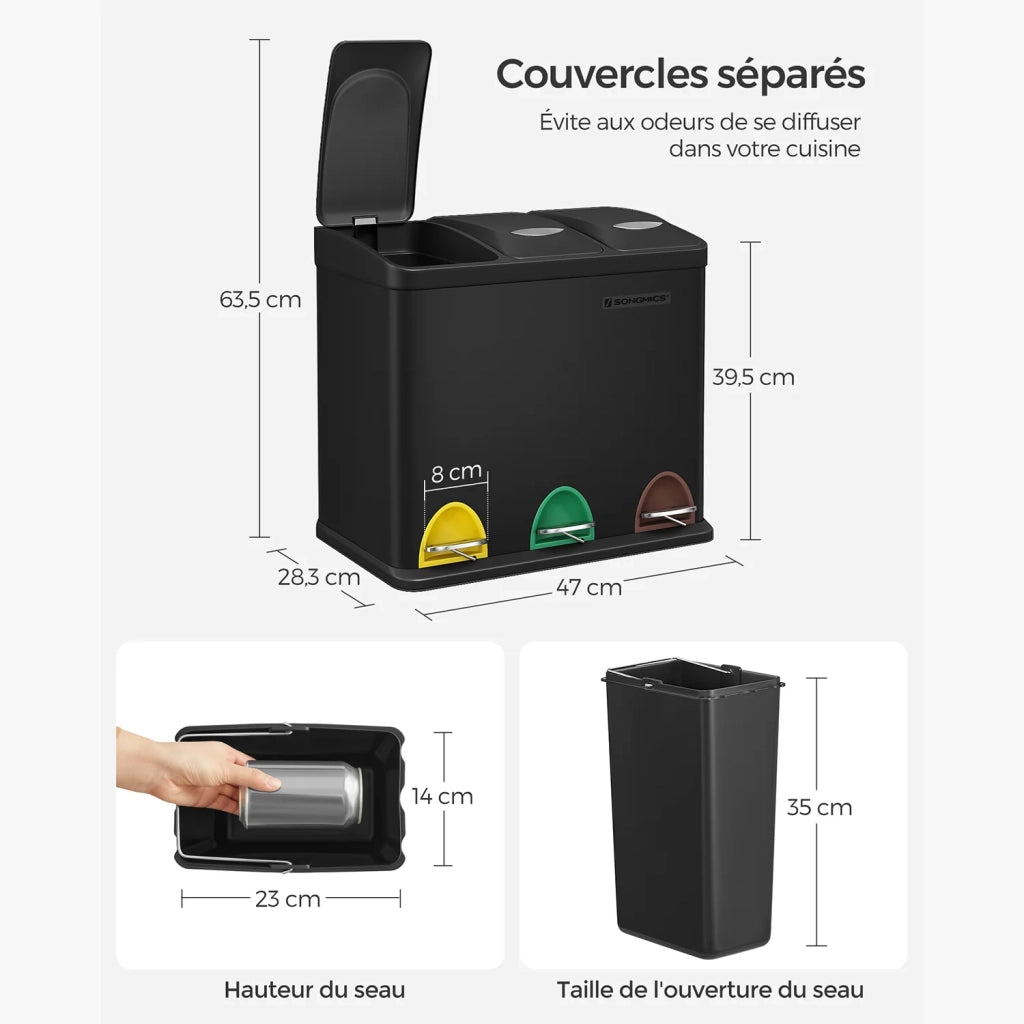 Pattumiera da cucina resistente con pedali e 3 scomparti per la raccolta differenziata in acciaio inox nero 12_0007238