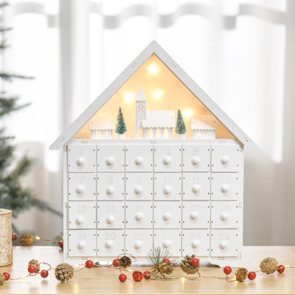 Calendario dell'Avvento in Legno da Riempire con 24 Cassetti e Villaggio di Natale con Alberi e Luci, 39x9x42cm