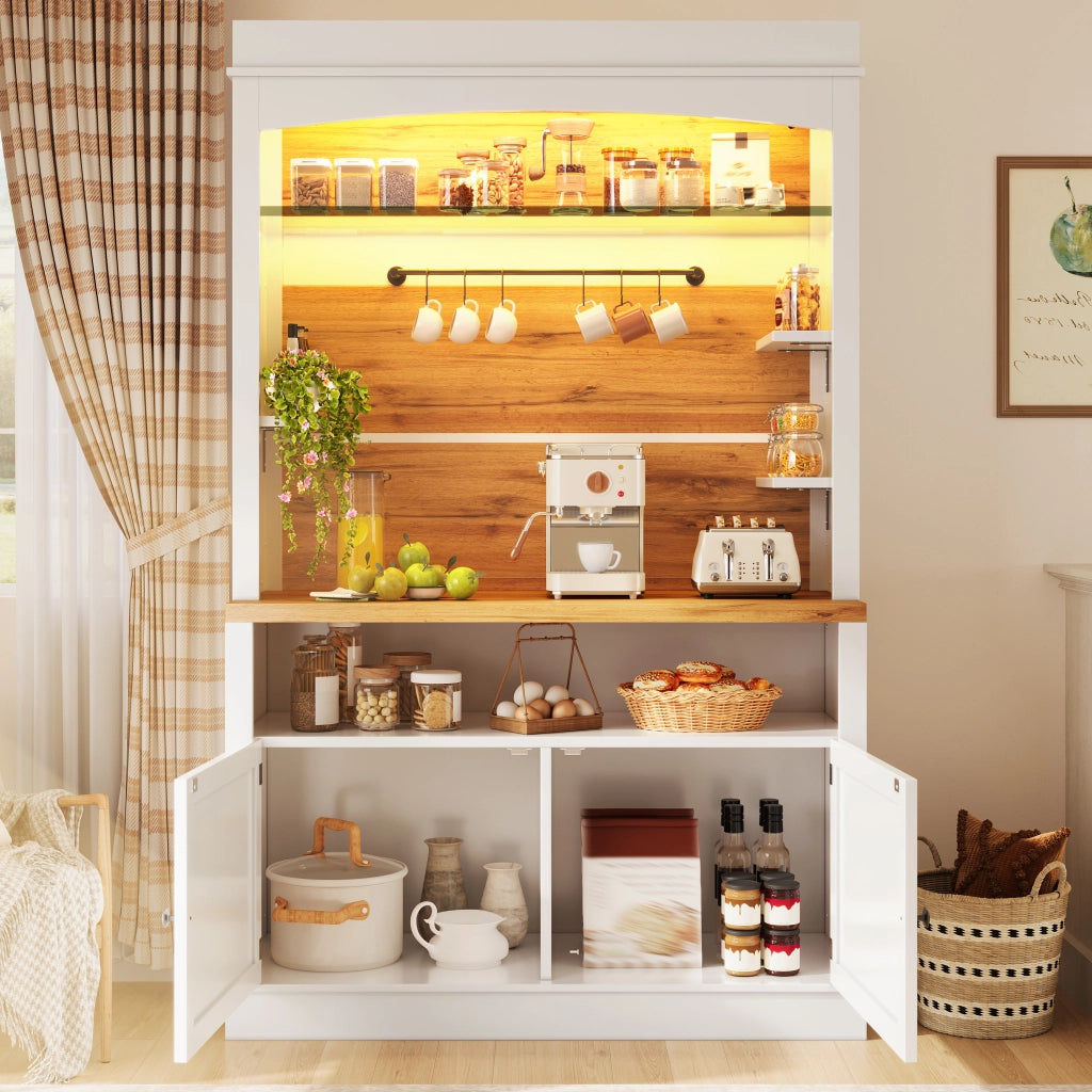 Credenza alta da cucina con LED RGB; ripiano in vetro e 6 ganci; set da 2; 107 × 34 × 184 cm