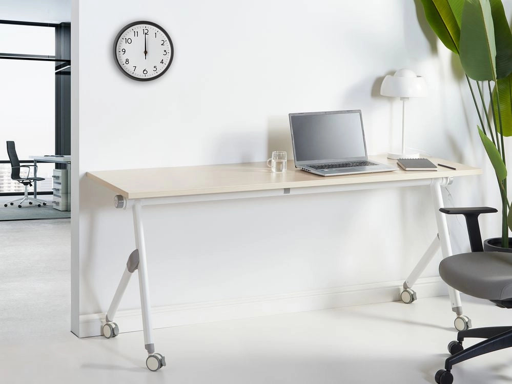 Scrivania rettangolare pieghevole con rotelle portatile con struttura in metallo marrone chiaro e bianco 180 x 60 stile moderno
