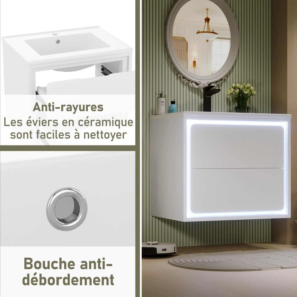 Mobile sottolavabo da bagno con lavabo in ceramica, 2 cassetti, LED con sensore radar, per bagno, bianco 60 × 46 × 50 cm