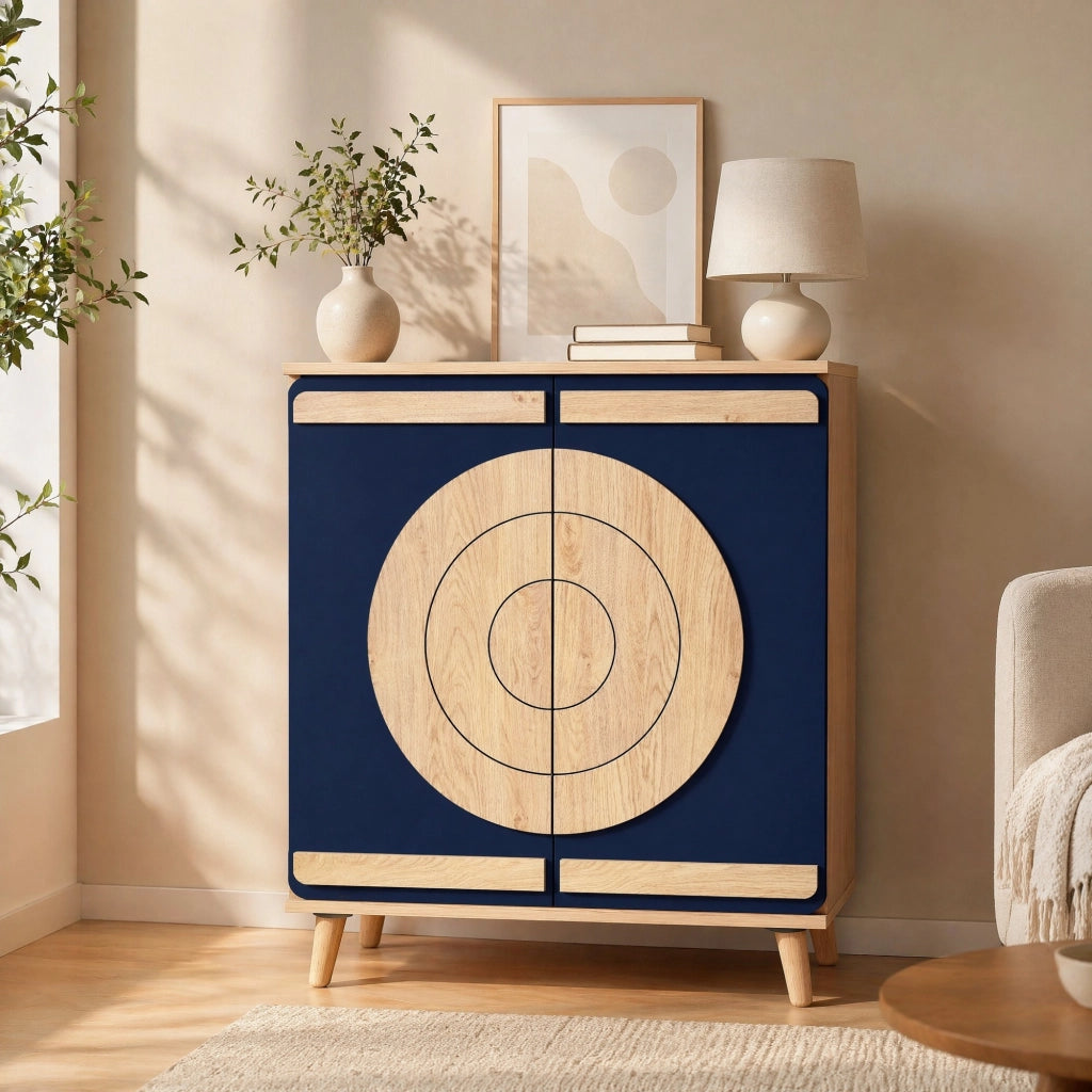 Mobile scarpiera moderno con porte geometriche; 76x37x98;5 cm; in pannelli truciolari blu e naturale