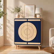 Mobile scarpiera moderno con porte geometriche; 76x37x98;5 cm; in pannelli truciolari blu e naturale