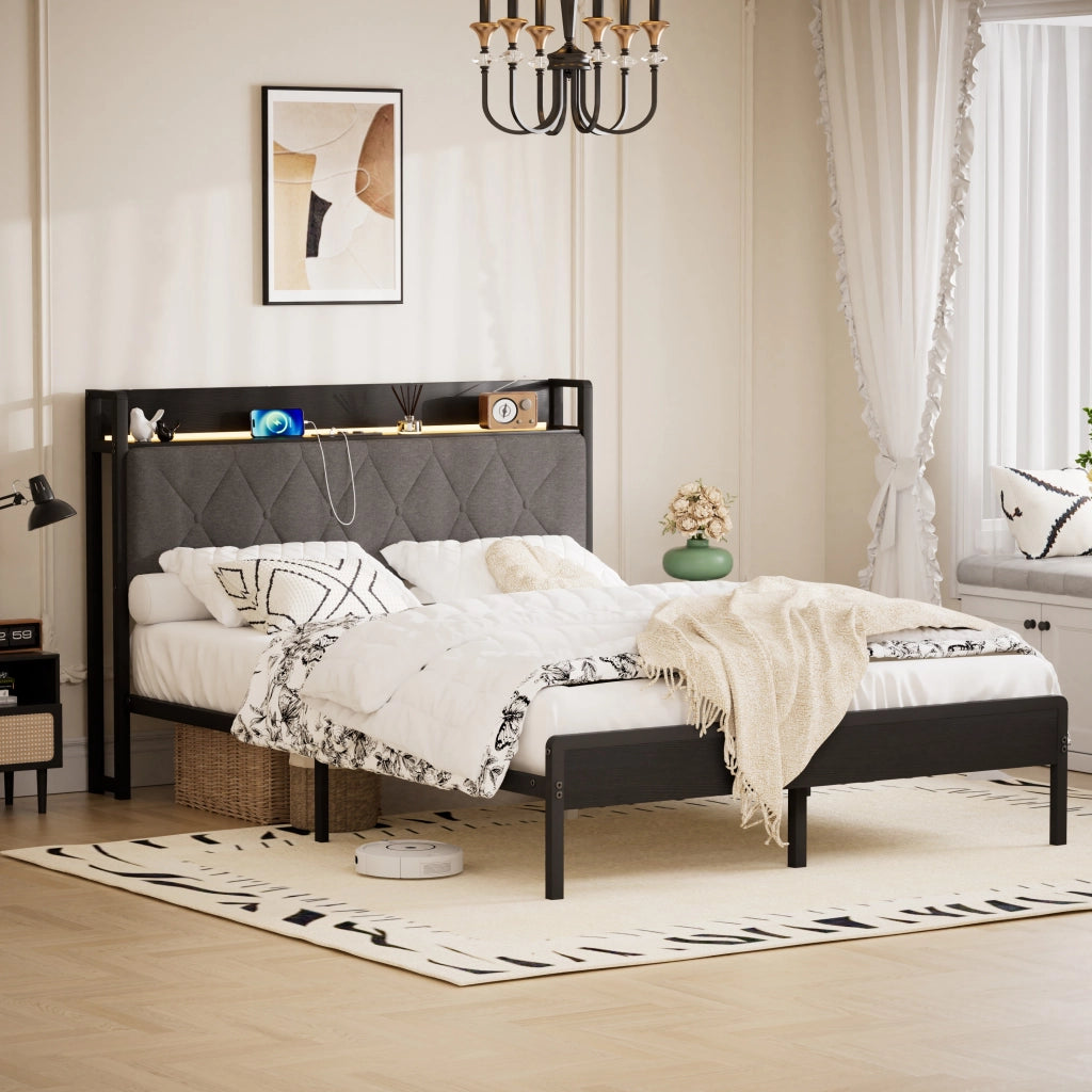 Letto imbottito 140x190 grigio scuro con 2 prese 2 USB testiera e vano contenitore