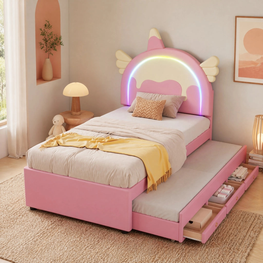 LETTO per bambini 90x200 cm a forma di unicorno con letto estraibile Rosa