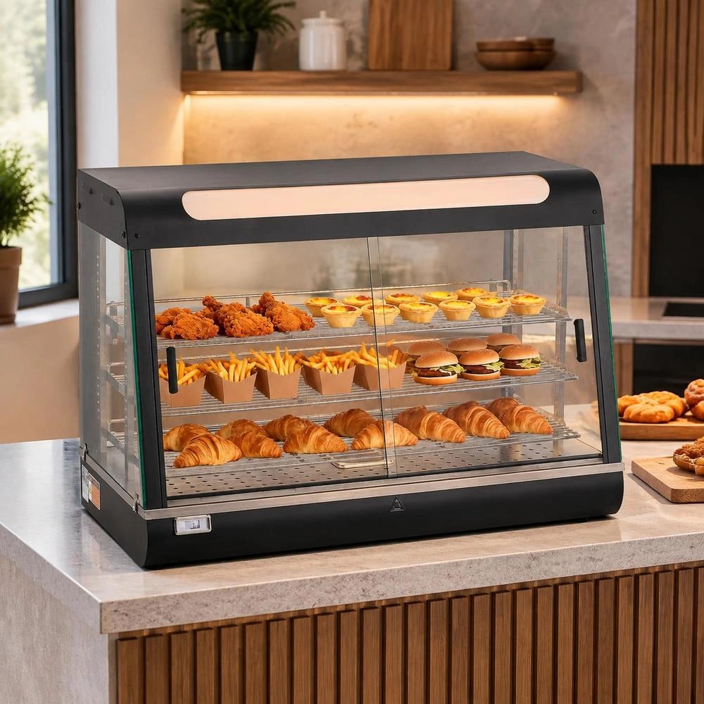 Espositore Scaldavivande Commerciale A 3 Livelli, Espositore Scaldavivande Da 1400 W Con Luce LED, Vano Portaoggetti Superiore E Ripiani Regolabili, Per Hamburger, Pizza, Pane, Pollo Fritto