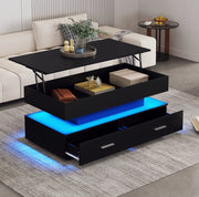 Tavolino da salotto nero idraulico con LED Bluetooth, 2 cassetti, 100x50x44 cm