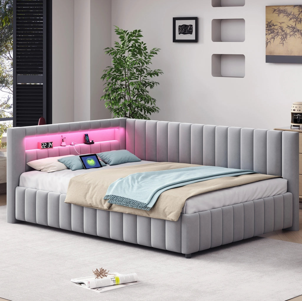 Divano letto angolare 140x200 cm in velluto grigio con LED e USB