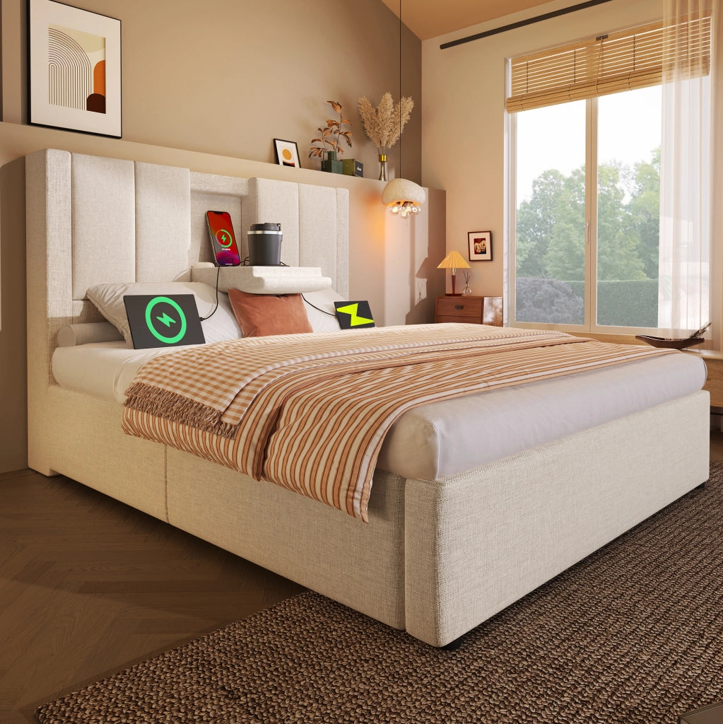 Letto imbottito 90x200 cm con portabicchiere pieghevole e stazione di ricarica; beige