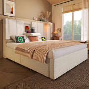 Letto imbottito 90x200 cm con portabicchiere pieghevole e stazione di ricarica; beige
