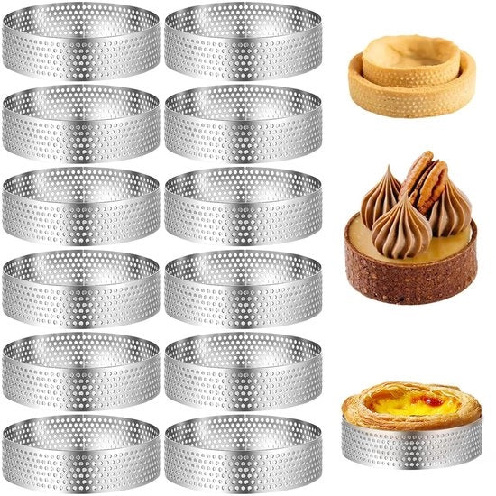 Tarteletti a forma di tarte 12 pezzi - Anelli per dessert - Acciaio inossidabile - Forme perforate per forno - Mousse/Mini-pizze - Circolazione ottimale dell'aria
