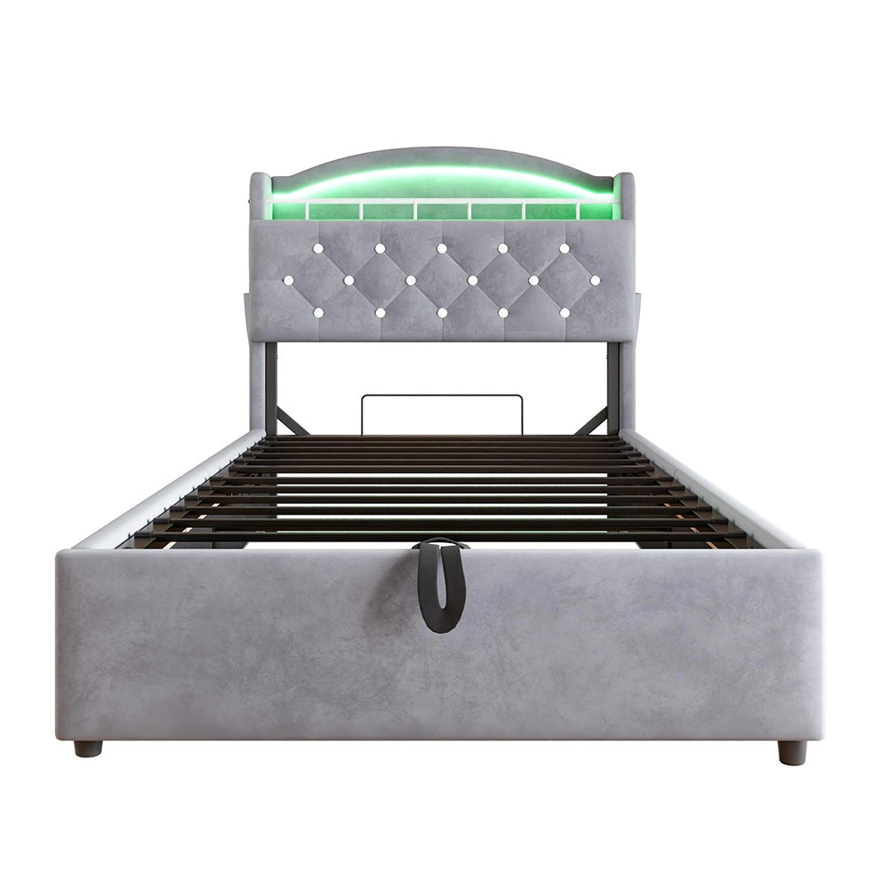 Letto bambino-Xylo-90x200 cm-LED, USB, spazio idraulico, velluto grigio