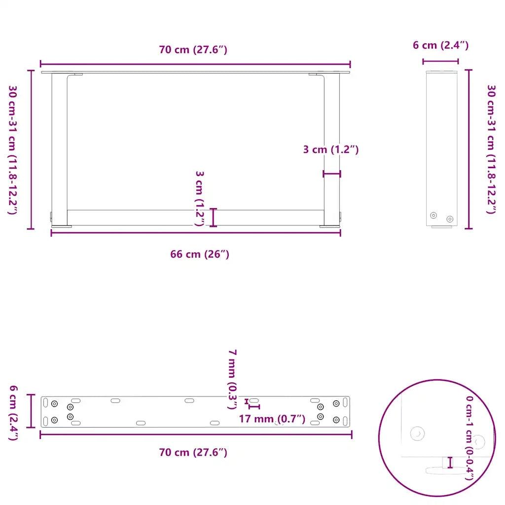 Gambe per Tavolino da Caffè a Forma di U 2 pz Nere 70x(30-31) cm Acciaio 4013144