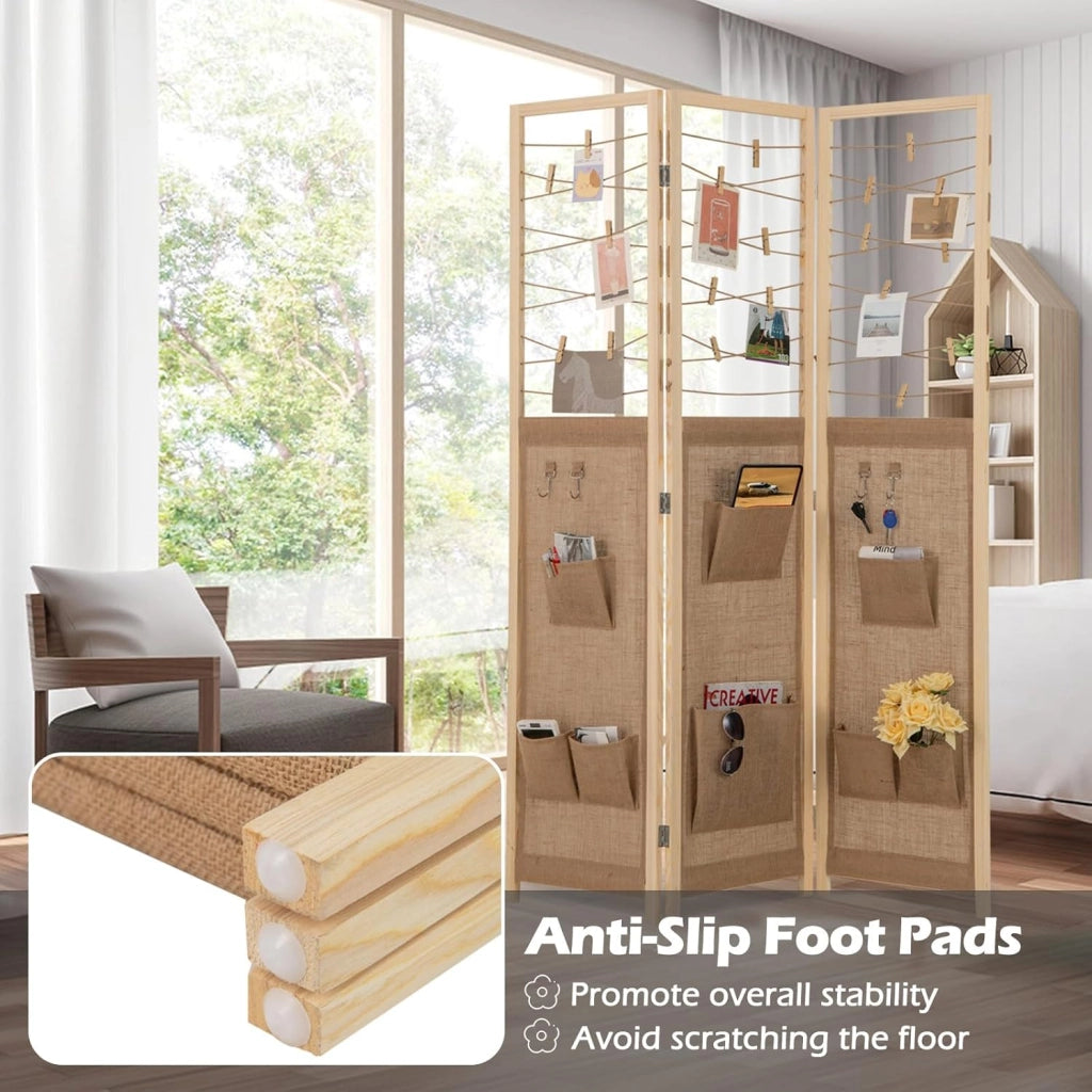 Paravento pieghevole a 3 pannelli. Separatore di privacy in legno con 8 tasche, 4 ganci e spago per appendere con 20 clip in bambù, 120 x 170 x 2 cm