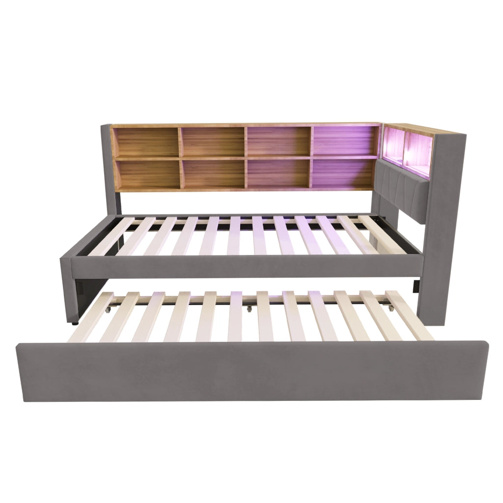 OKWISH Letto Divano Estraibile 90×200 cm, Letto 2 Posti con LED, USB, Tipo C e Prese, Scomparti, senza Materasso, Flanella, Grigio Scuro