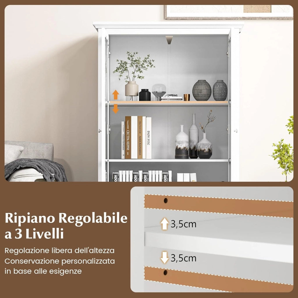 Mobile Libreria, Vetrinetta Espositiva Alta con Ante in Vetro Temperato, Libreria Verticale in legno con Ripiani Regolabili e Cassetto, per Soggiorno, Camera da Letto, 80 x 40 x 139 cm