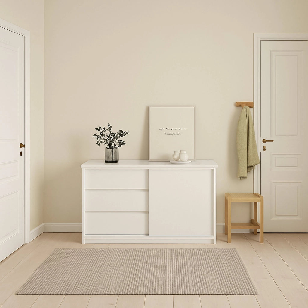 Credenza Bebinca, Buffet da soggiorno, Madia da salotto, Dispensa da cucina, 119x50 h76 cm, Bianco lucido