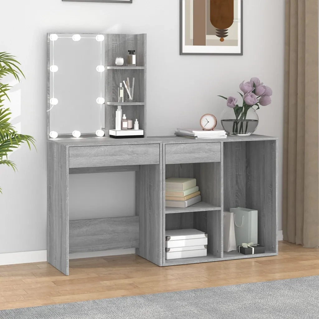 Toeletta | Tavolo da Trucco con LED e Armadietto Grigio Sonoma Legno Multistrato