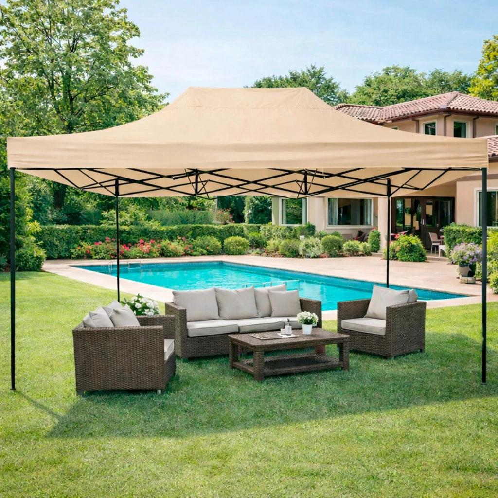 Gazebo Professionale In Acciaio Richiudibile Automatico Con Telo Oxford 1200D PVC Impermeabile E Anti UV Struttura A Fisarmonica Completo Di Sacche Zavorra E Borsa Trasporto Per Sagre Feste Eventi 3x4.5 M Beige