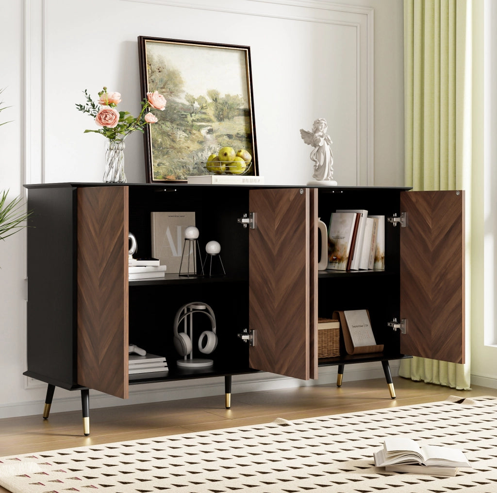 Credenza 140 cm nera e marrone con 4 ante e ripiani regolabili