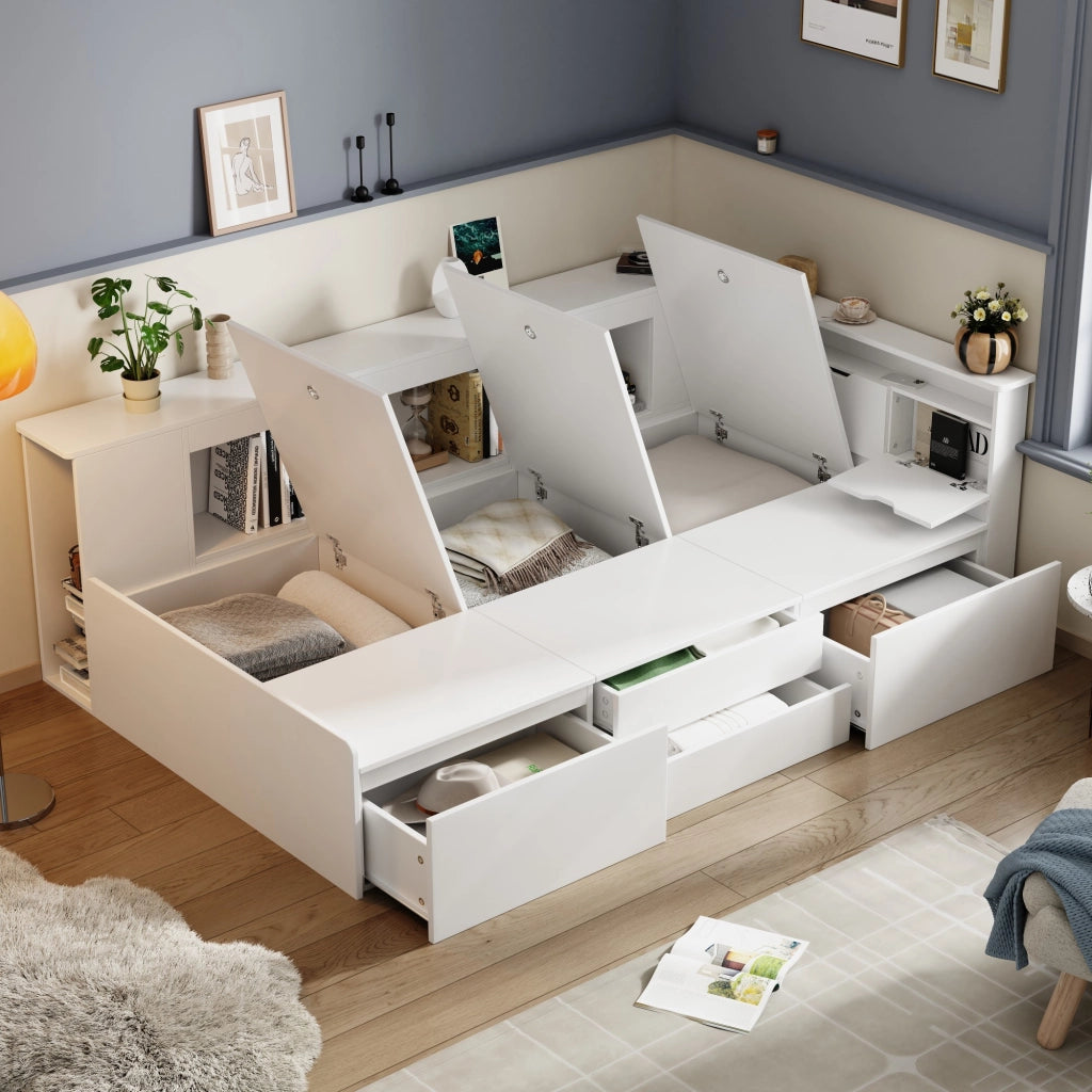 LETTO per bambini 90x200 cm in MDF bianco con cassetti e spazi contenitore