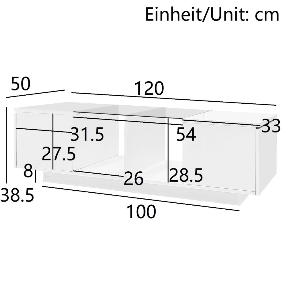 Tavolino da salotto 120x50x38.5 cm con LED e ante laterali; bianco