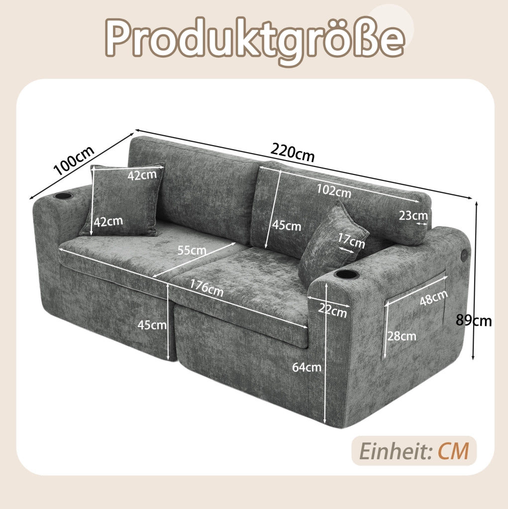 Divano relax a 2 posti con USB; tasche laterali e portabicchieri; 220x100x89 cm; grigio