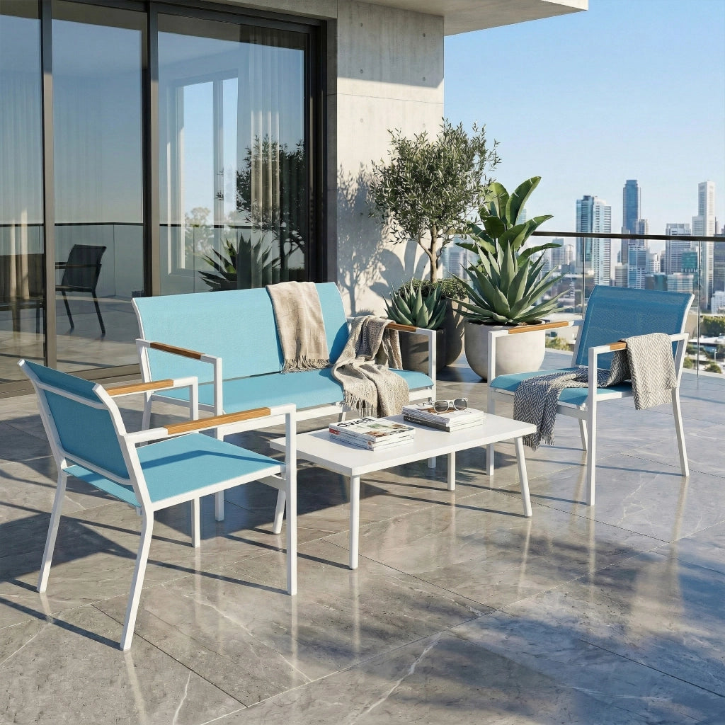 Set Giardino 4 Posti Divano con Poltrone e Tavolo in Metallo ¨C zephmum ¨C Blu