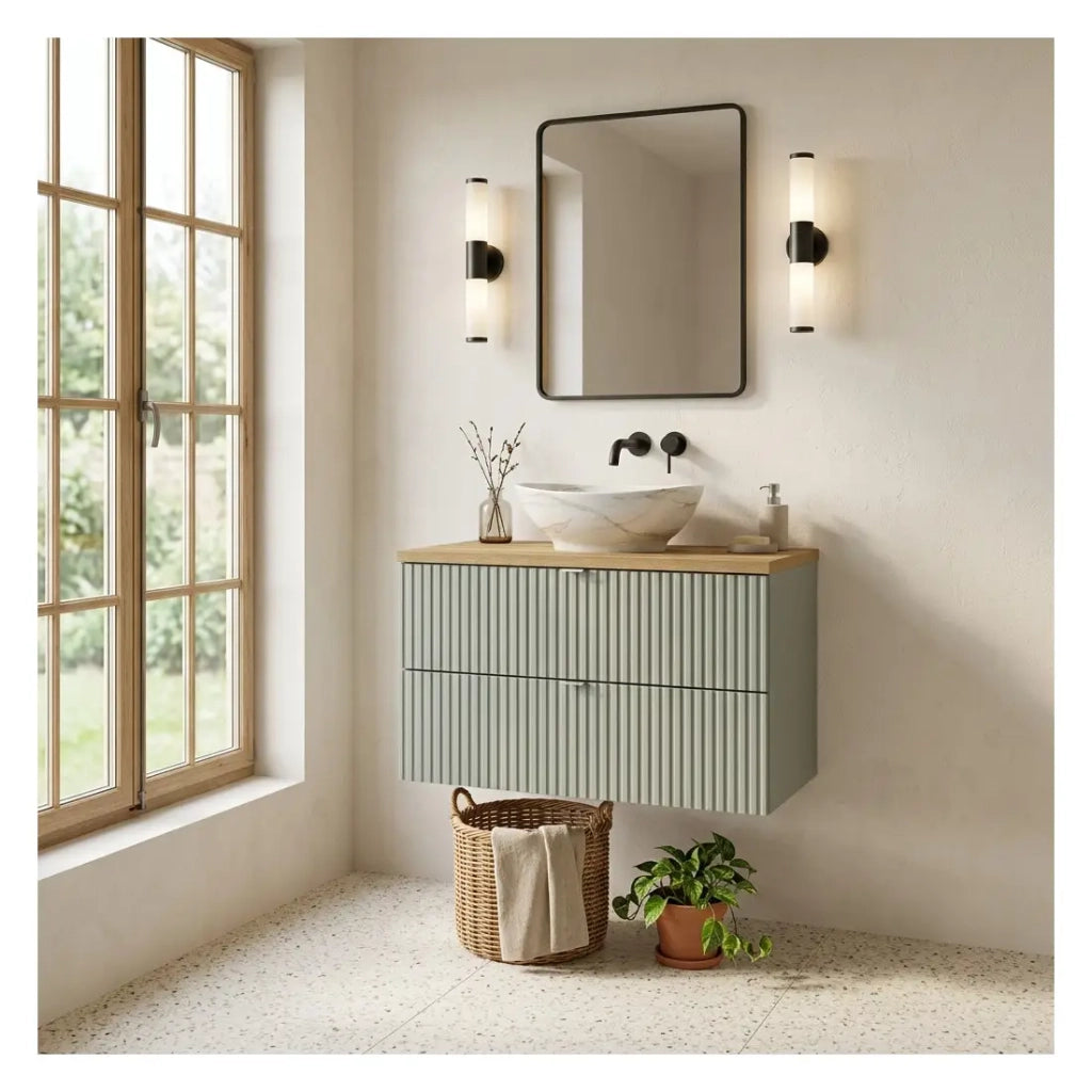 Insieme ELVINA 80cm: mobile sottolavabo con cassetti verde + piano per lavabo in aspetto legno scuro + lavabo da appoggio marmorizzato