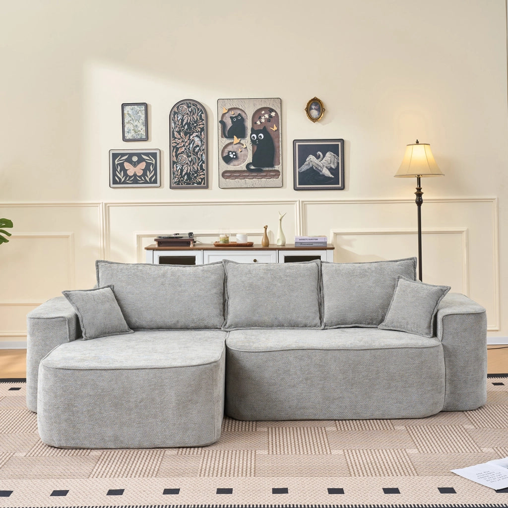 Divano angolare modulare con chaise longue, senza montaggio, tasche laterali, in Ciniglia Grigio 262 × 144 × 65 cm
