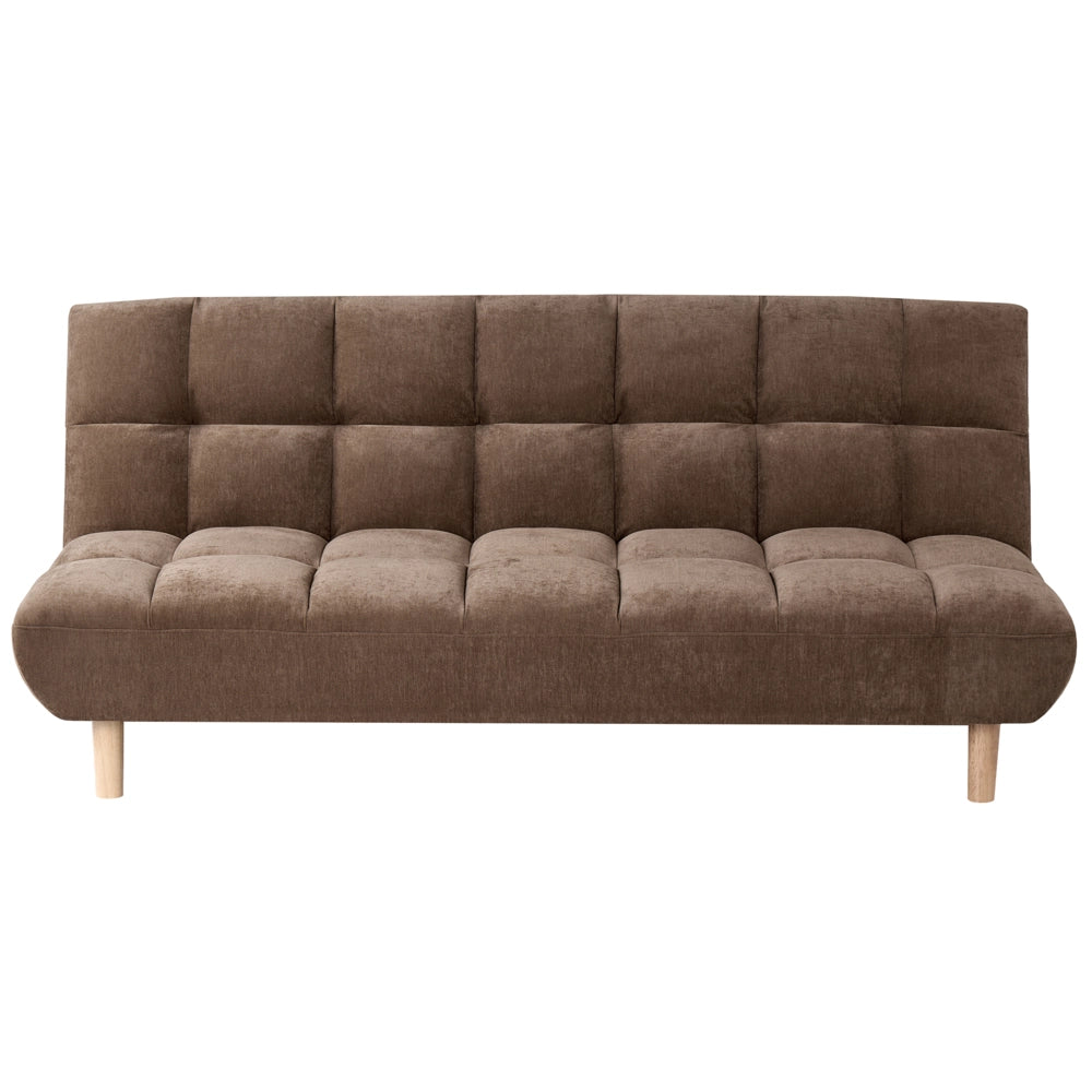 Divano letto marrone rivestito in tessuto con gambe in legno 2 posti schienale trapuntato seduta imbottita design moderno senza braccioli