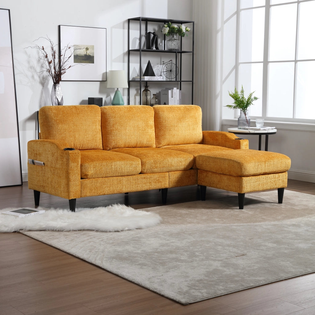 DIVANO 4 POSTI 196,5x75x77 cm in Chenille Giallo con Pouf e Contenitore