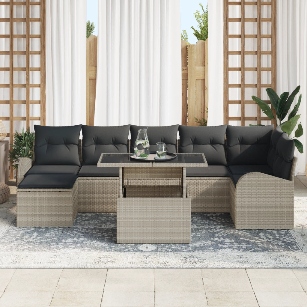 Set Divano da Giardino 8 Pezzi con Cuscini Grigio Chiaro in Polyrattan