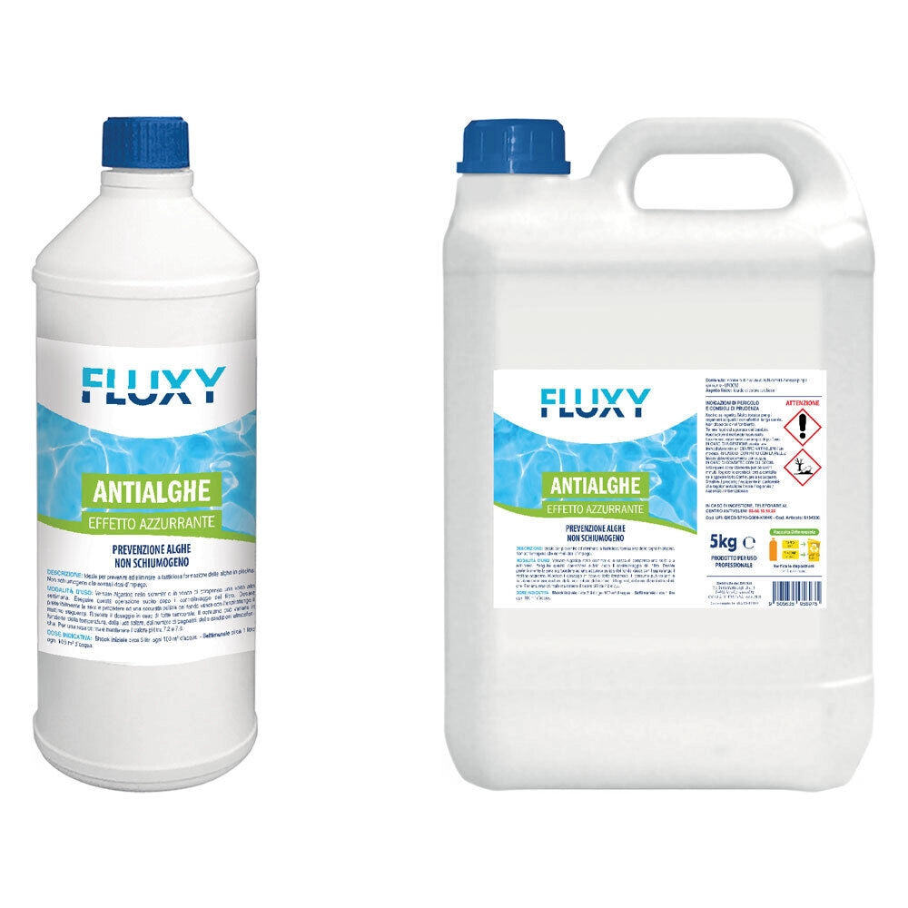 ANTIALGHE LIQUIDO X PISCINE UNIVERSALE AZZURRANTE 1KG NON SCHIUMOGENO 12PZ FLUXY