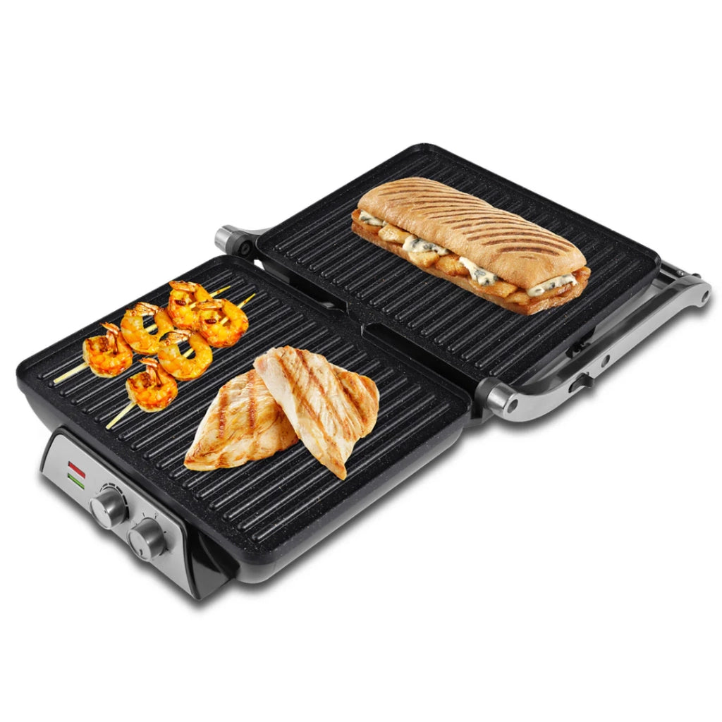 Grill Elettrico a Contatto SOGO 2000W 4 Panini – Piastra Antiaderente Effetto Pietra, Apertura 180°, Termostato e Timer