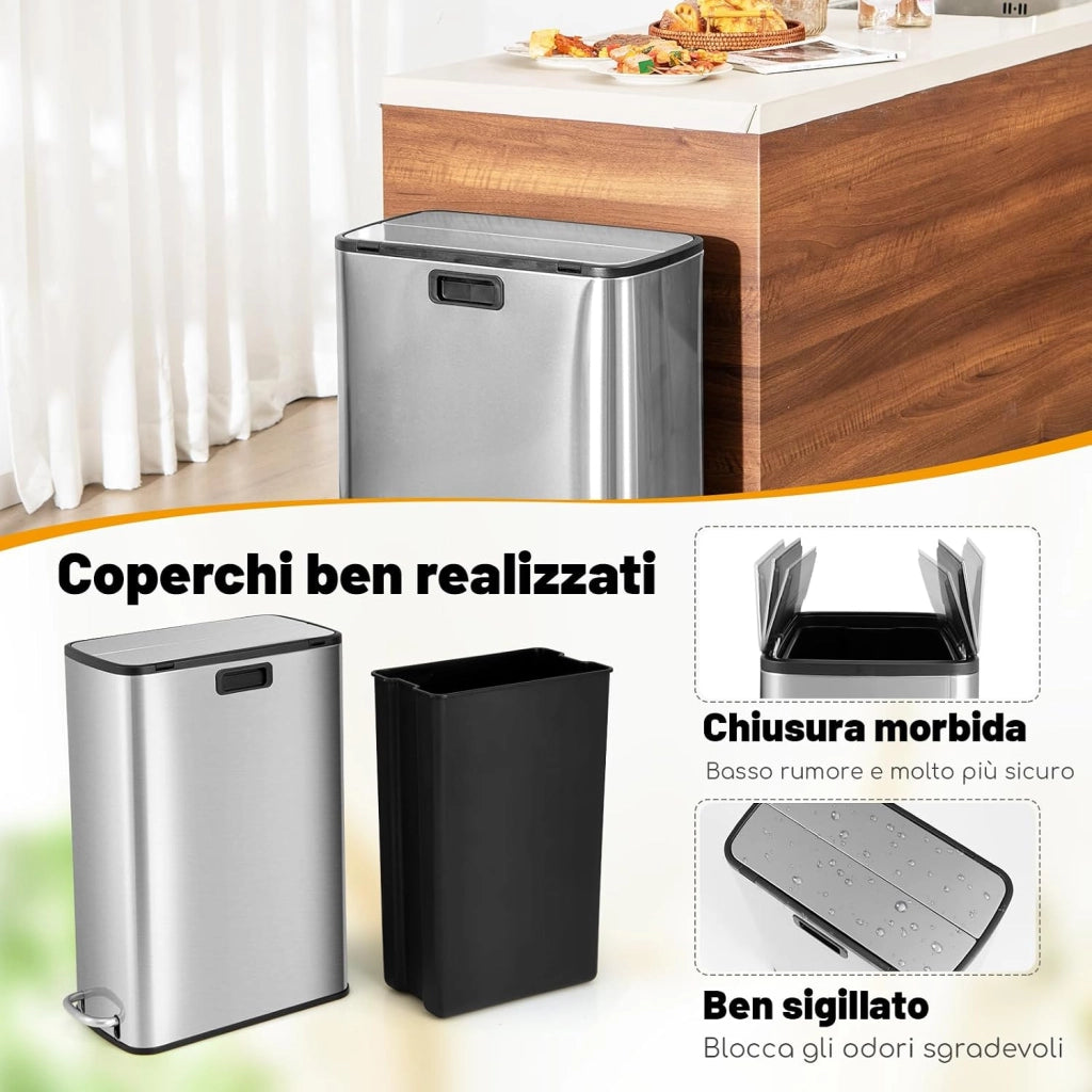 Bidone per Rifiuti in Acciaio Inox 46L, Cestino per Spazzatura con Ali a Bloccaggio Morbido e Secchio Interno Rimovibile, Bidone della Spazzatura a Pedale per Casa Ufficio