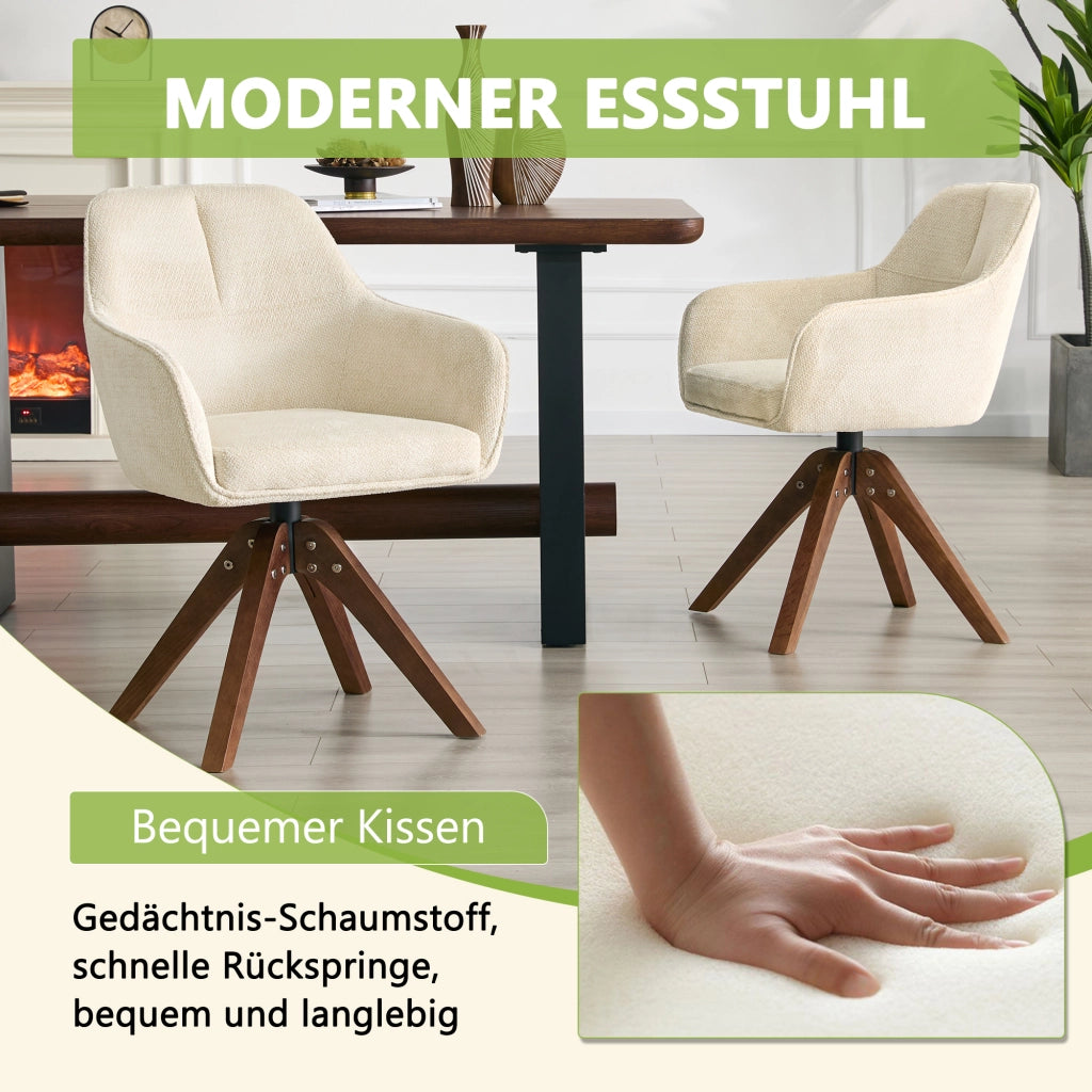 Sedia da sala da pranzo girevole 360° set da 2 con braccioli e schienale ergonomico in tessuto bianco e legno noce