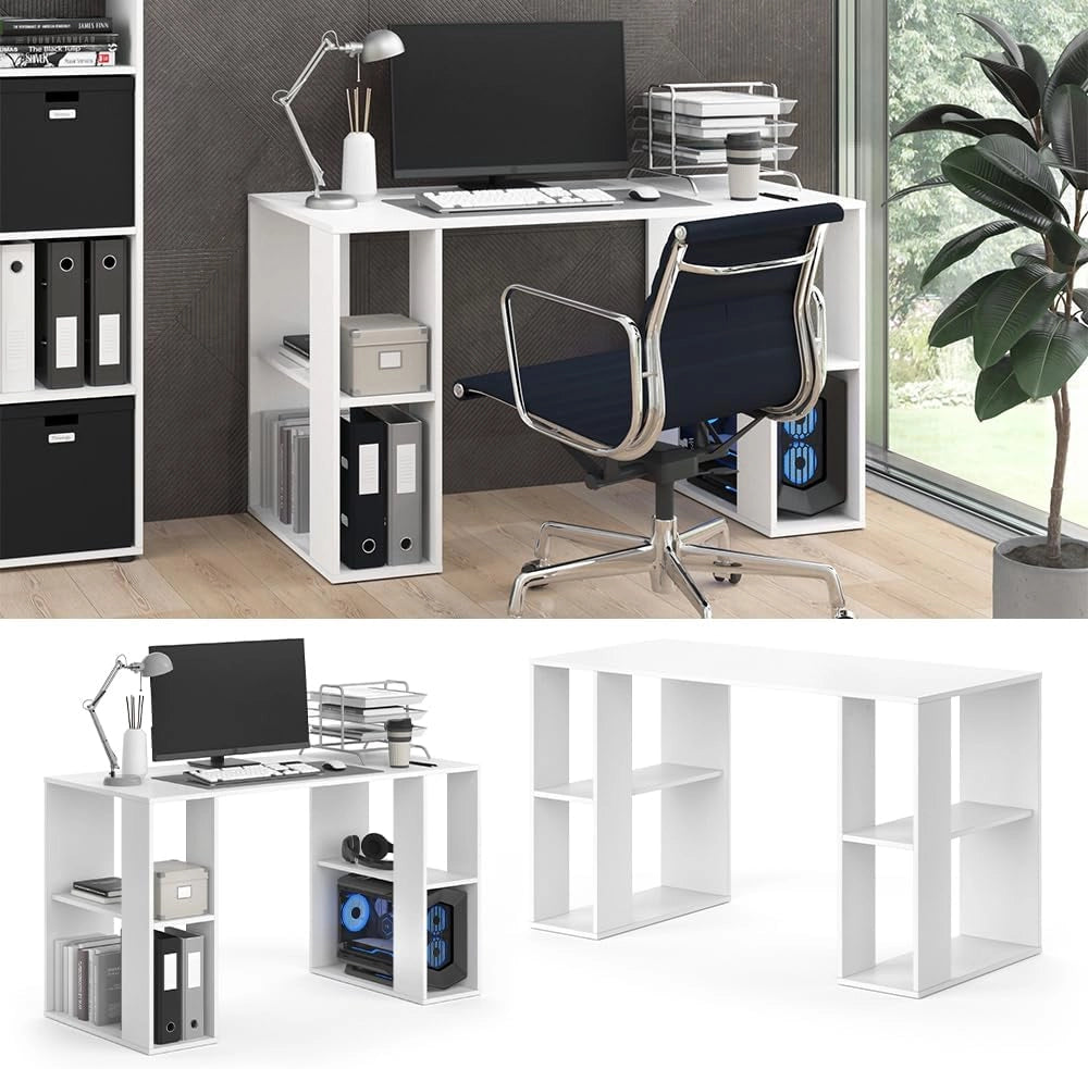 Scrivania con ripiani Arian, Bianco, 130 x 60 cm, con vani portaoggetti laterali aperti per spazio aggiuntivo