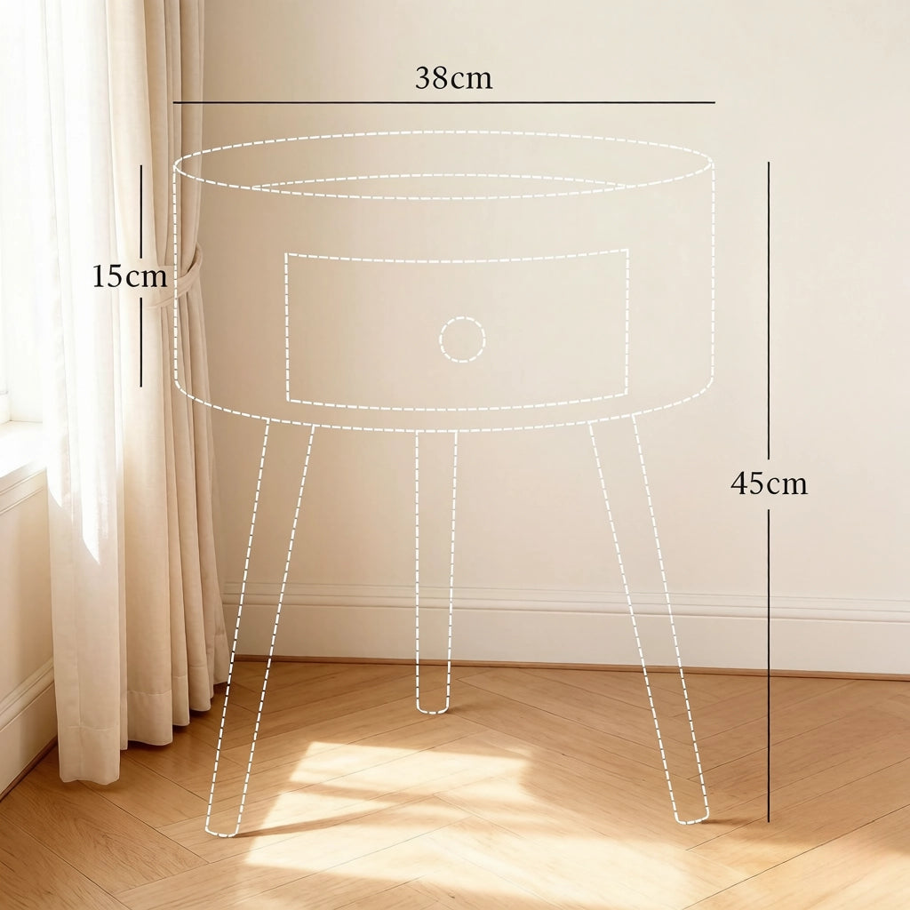Comodino rotondo con cassetto e piano rialzato in MDF e legno, bianco e legno chiaro 38 × 38 × 45 cm