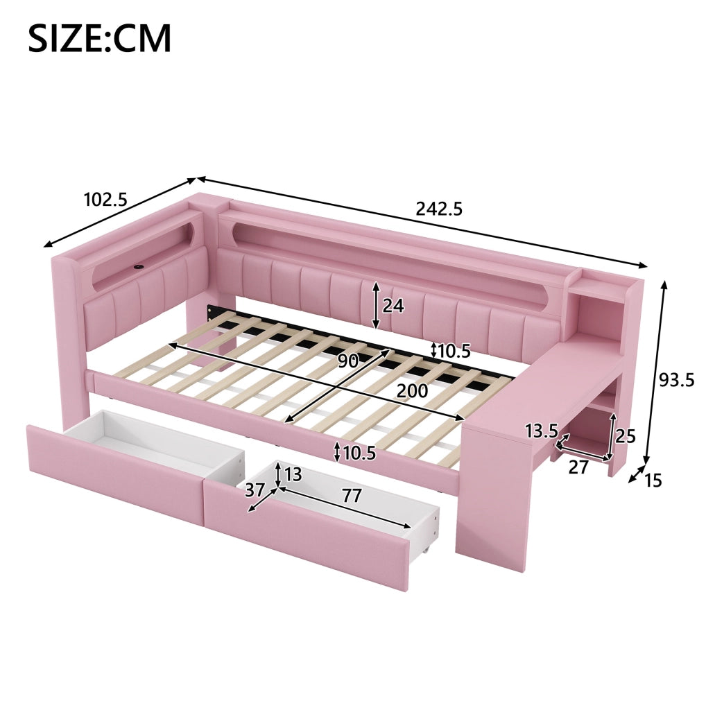 Letto giorno 90x200 con LED, USB, scrivania e 2 cassetti