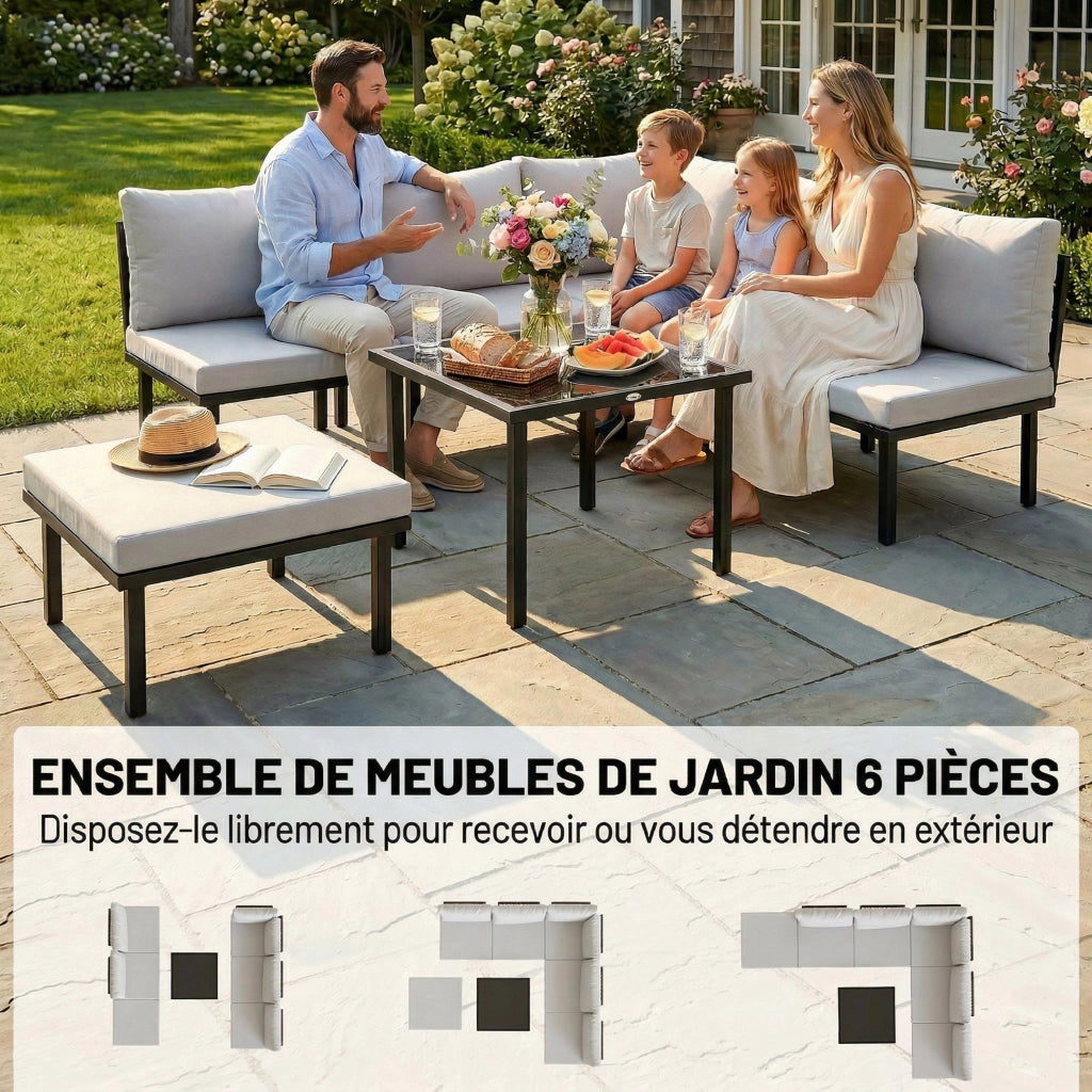 Set da giardino modulare 6 posti con tavolino in vetro ¨C zephmum ¨C grigio chiaro