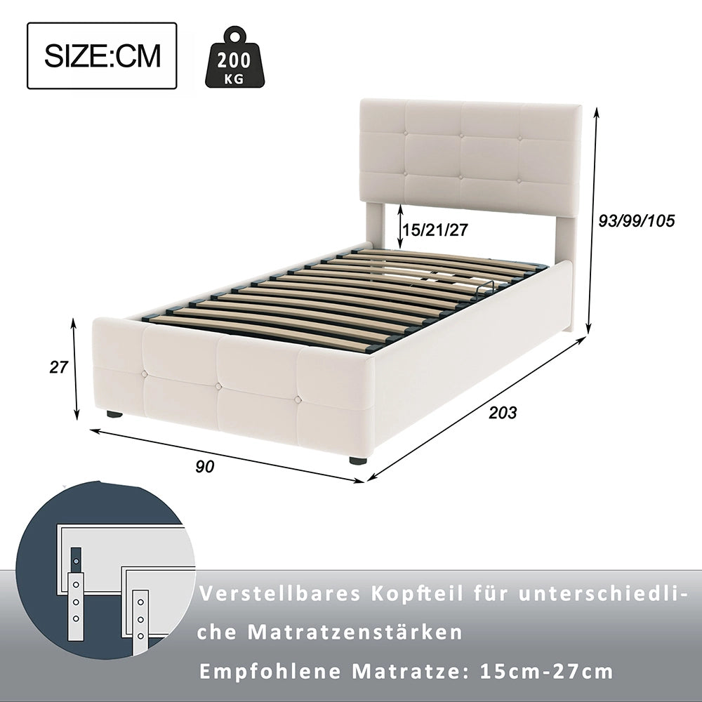Letto a cassone imbottito per bambini - Xylo - 90x200 cm - Beige - Testiera regolabile in altezza, sistema idraulico